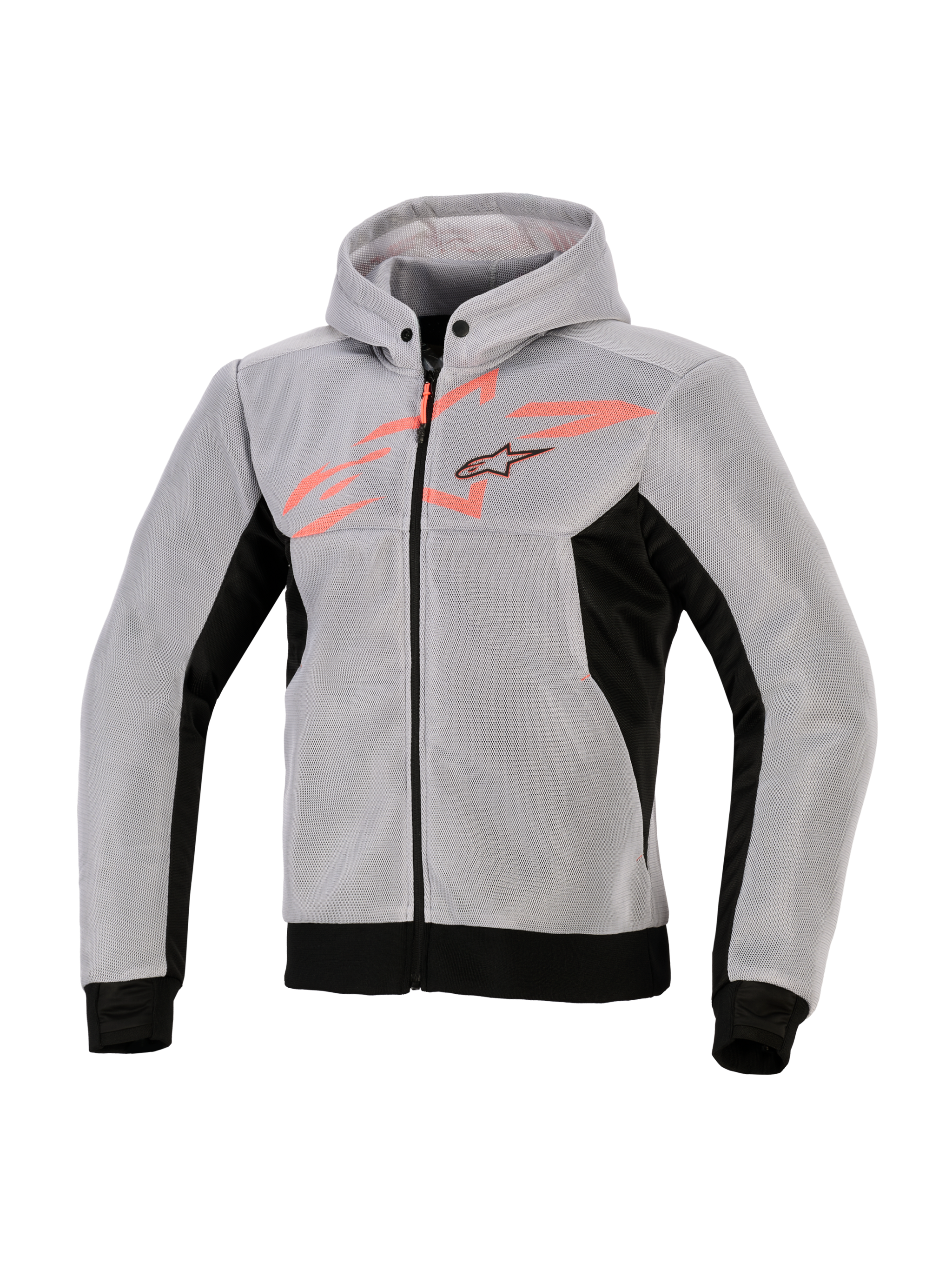 Alpinestars Chrome Superairflow Hoodie, Technical Riding Hoodie, Black Mid Gray and Red Fluo, 3D technical mesh construction, light gray with black side panels and hem, fluo red chest graphic with Alpinestars star logo, sporty motorcycle gear