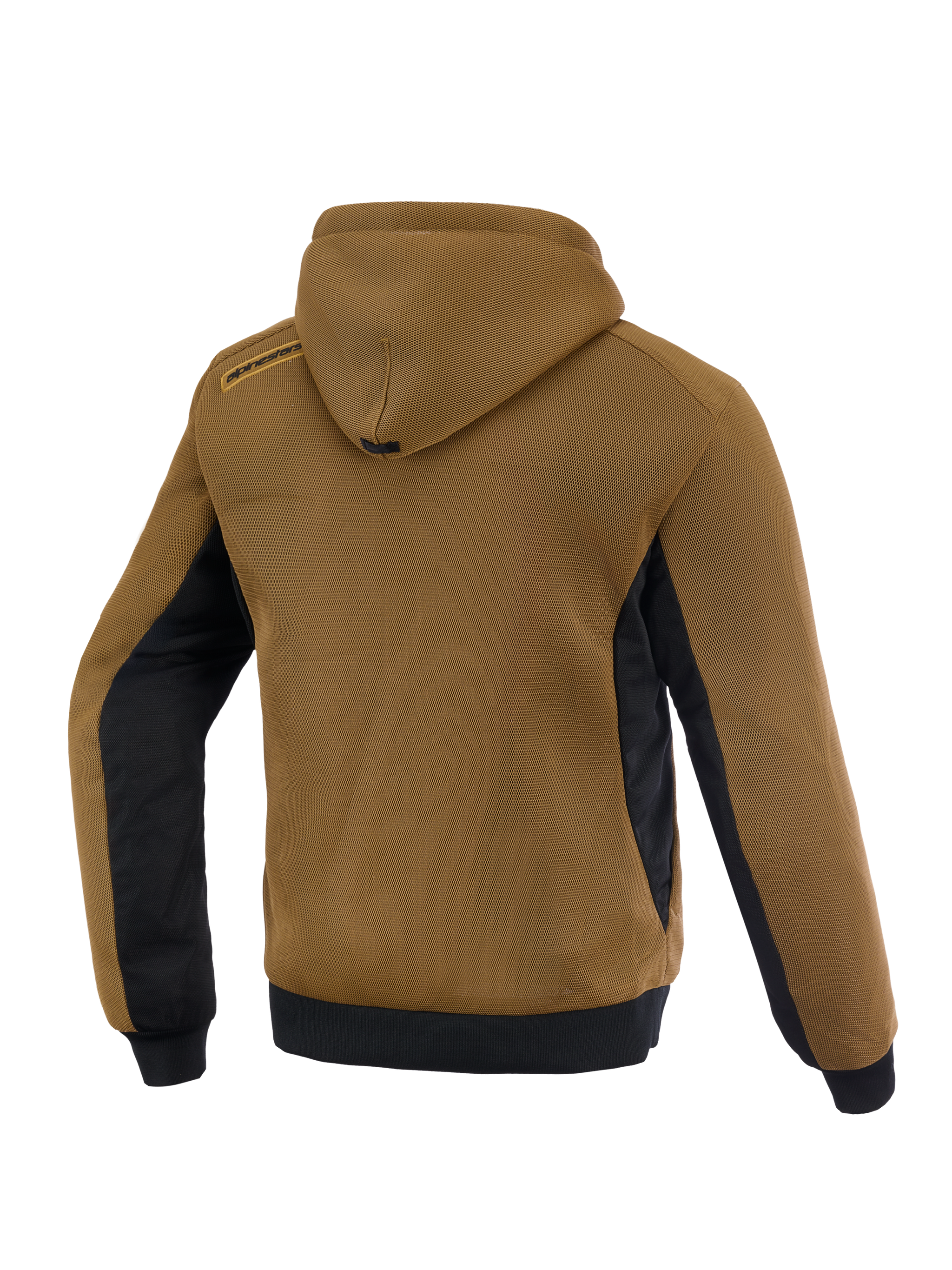 Alpinestars Chrome Superairflow Hoodie, back view in brown and black, featuring breathable 3D mesh for motorcycle riding.