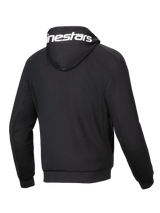 Alpinestars Chrome V2 Sport Hoodie, black urban motorcycle jacket, back view with white logo on hood and tech fleece.