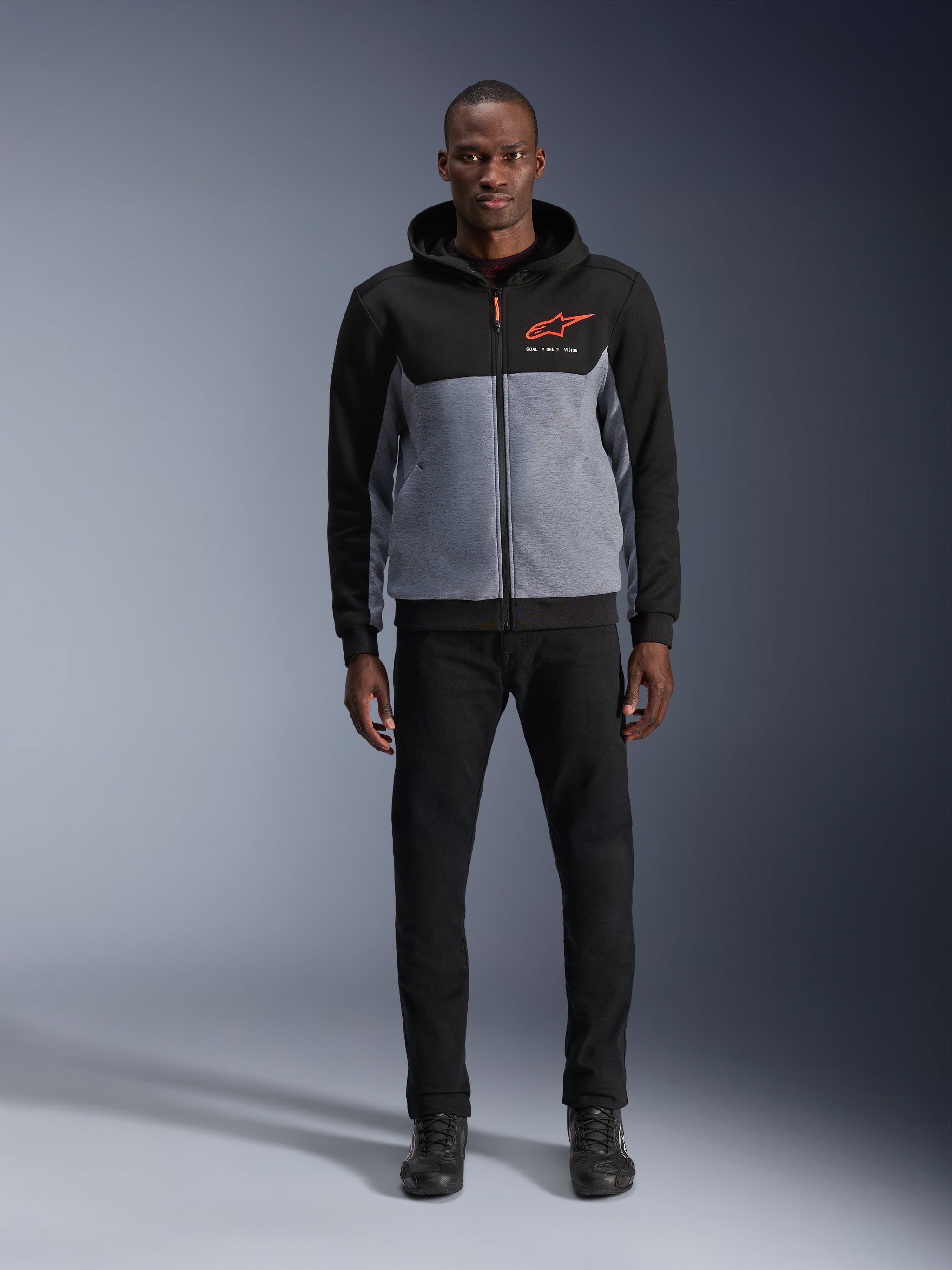 Alpinestars Chrome V2 Sport Hoodie, men's urban motorcycle jacket in black and gray heather with red fluo accents.