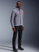 Alpinestars Chrome V2 Sport Hoodie in Gray Heather and Red Fluo, a protective urban riding hoodie worn by a male model.