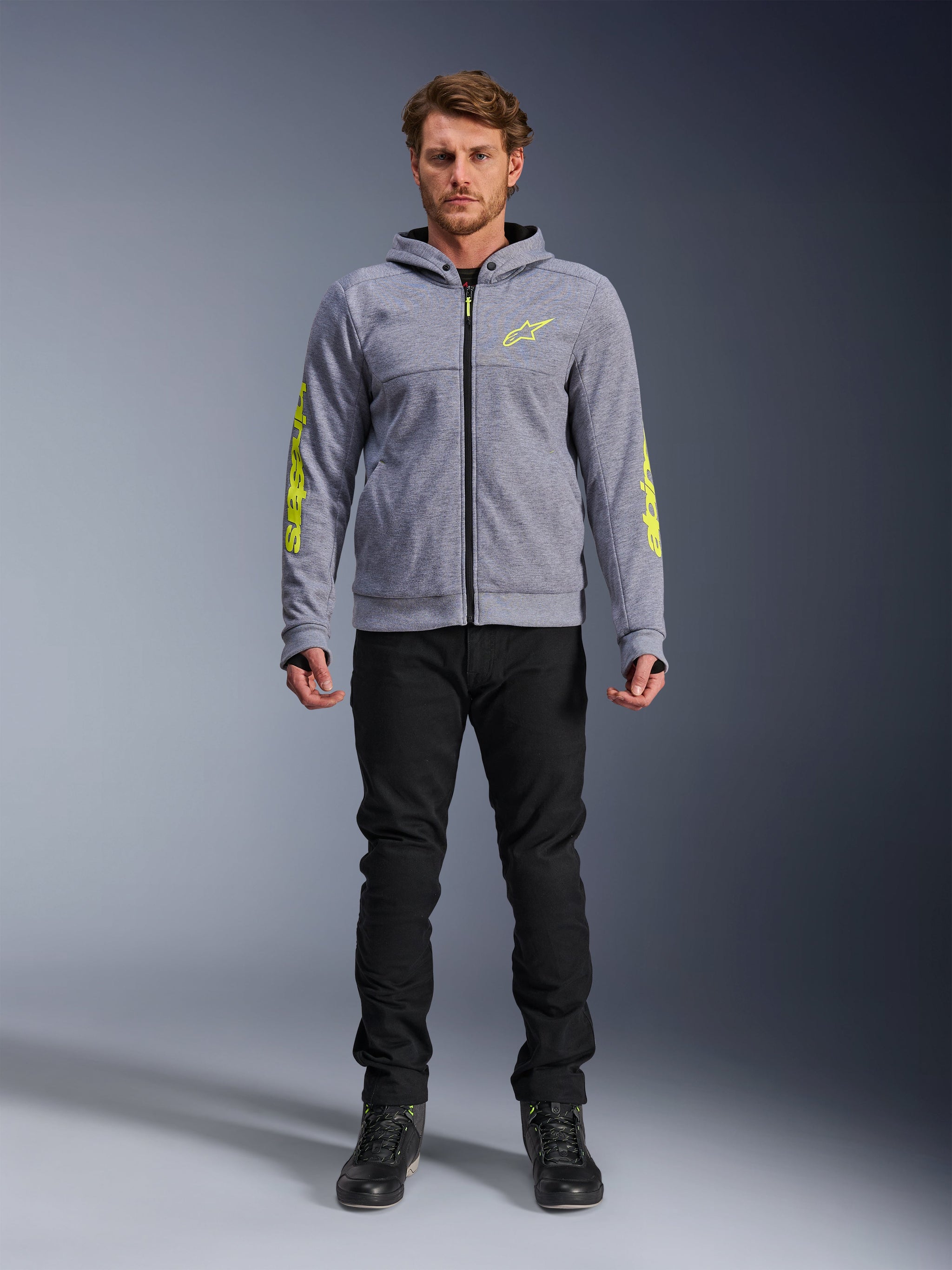 Alpinestars Chrome V2 Sport Hoodie, men's urban motorcycle jacket in Gray and Fluo Yellow technical fleece.