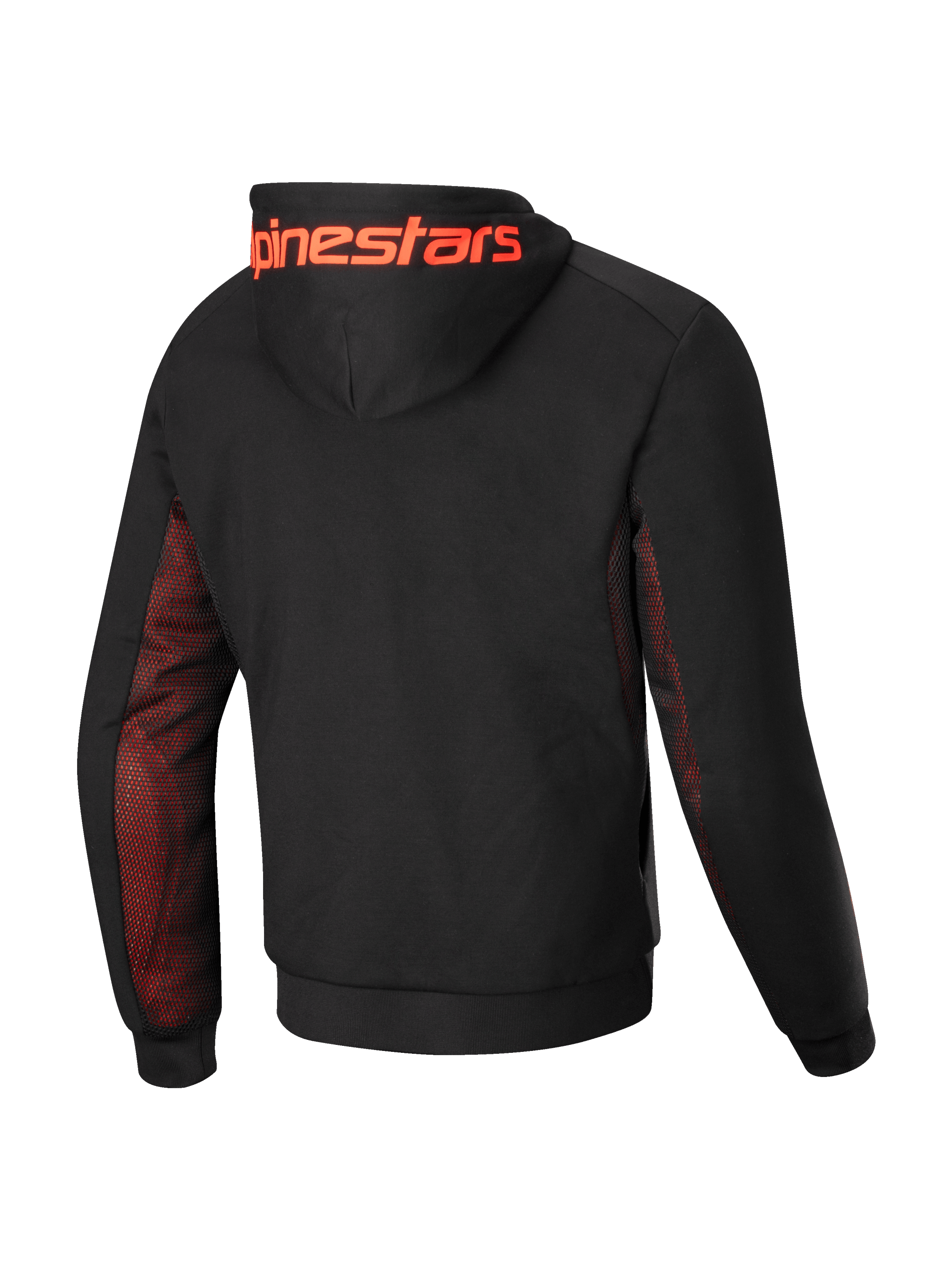 Alpinestars Chrome Air Sport Hoodie, men's motorcycle riding hoodie, rear view showing black tech fleece construction, red fluo mesh side panels and under sleeves, and large Alpinestars branding across the hood, CE certified class A