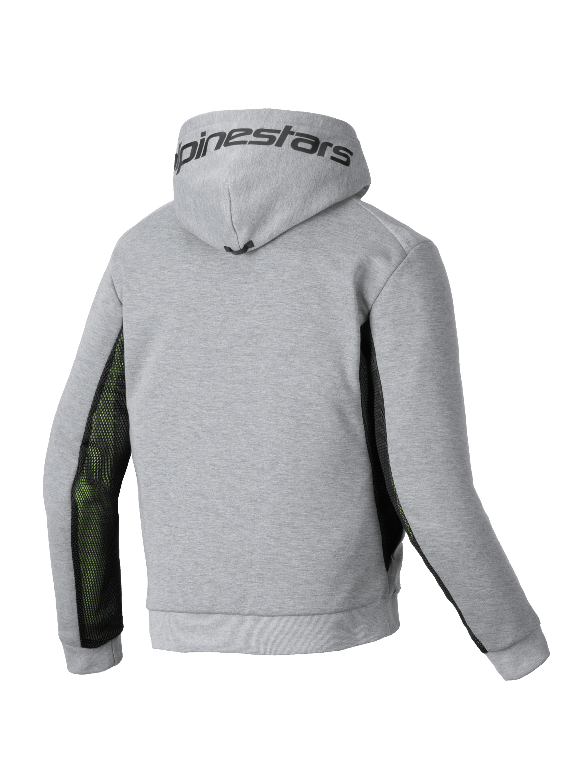 Alpinestars Chrome Air Sport Hoodie, men's motorcycle riding hoodie, rear view showing gray heather and black colorway with airflow mesh side panels and Alpinestars branding on the hood
