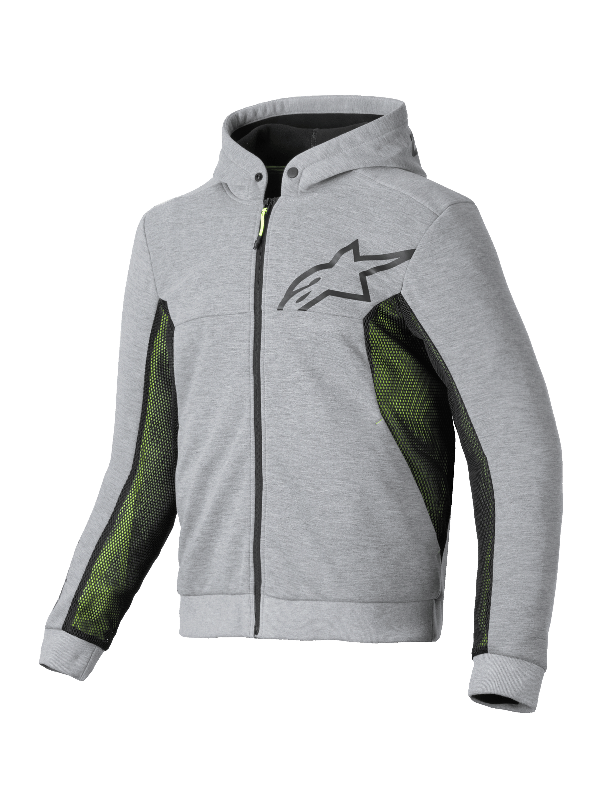 Alpinestars Chrome Air Sport Hoodie, men's motorcycle riding hoodie in Gray Heather Black with high-flow mesh ventilation panels, CE certified protection