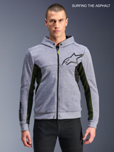 Alpinestars Chrome Air Sport Hoodie, men's urban riding motorcycle hoodie in gray heather and black, front view on a model showing airflow mesh panels and chest logo.