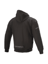 Alpinestars Sektor Tech V2 Hoodie, black urban motorcycle jacket with wind-resistant shell and 3D shoulder inserts, back view.