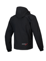 Alpinestars MM93 Radium Tech Hoodie, men's urban motorcycle jacket, rear view, Black and Bright Red, CE certified windproof 3L tech shell with removable hood