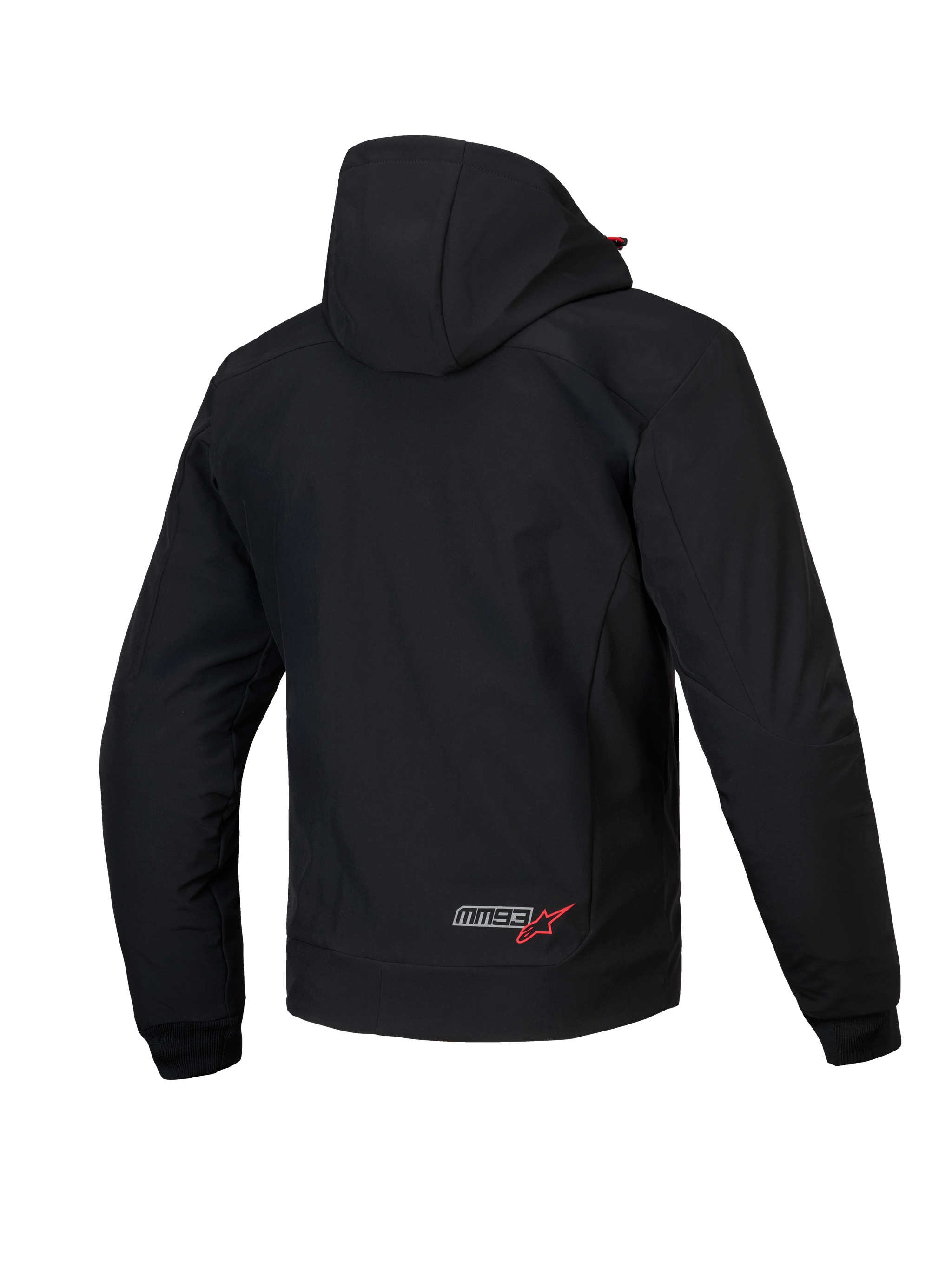 Alpinestars MM93 Radium Tech Hoodie, men's urban motorcycle jacket, rear view, Black and Bright Red, CE certified windproof 3L tech shell with removable hood
