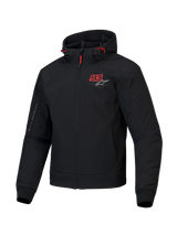 Alpinestars MM93 Radium Tech Hoodie, men's urban motorcycle jacket in black with bright red accents, featuring a windproof 3L tech shell and Nucleon Flex Plus CE level 1 armor