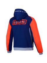 Alpinestars MM93 Chrome V2 Sport Hoodie, men's motorcycle riding hoodie, back view showing blue, navy, gray, and red fluo colors, featuring Marc Marquez graphics and CE certification