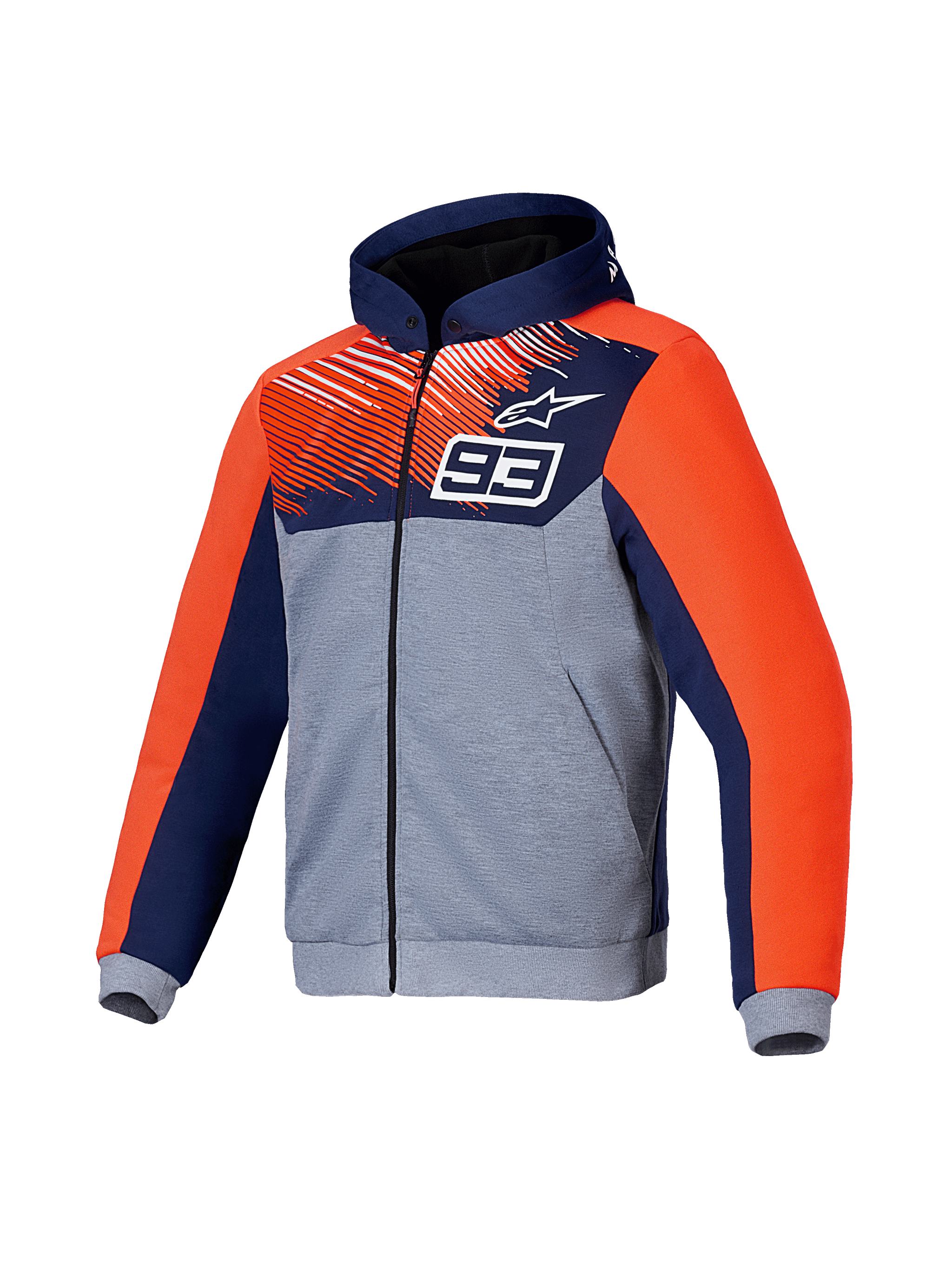 Alpinestars MM93 Chrome V2 Sport Hoodie, CE certified motorcycle riding hoodie with aramidic reinforcements and Nucleon Flex Plus armor, Blue, Navy, Gray Mel, and Red Fluo