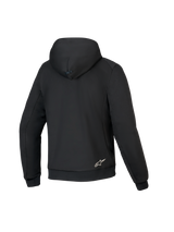 Alpinestars Honda Chrome V3 Sport Hoodie, Black, back view of motorcycle riding hoodie, tech fleece construction, featuring a hood with snap connection, ribbed cuffs and hem, and small white Alpinestars logo on the lower back