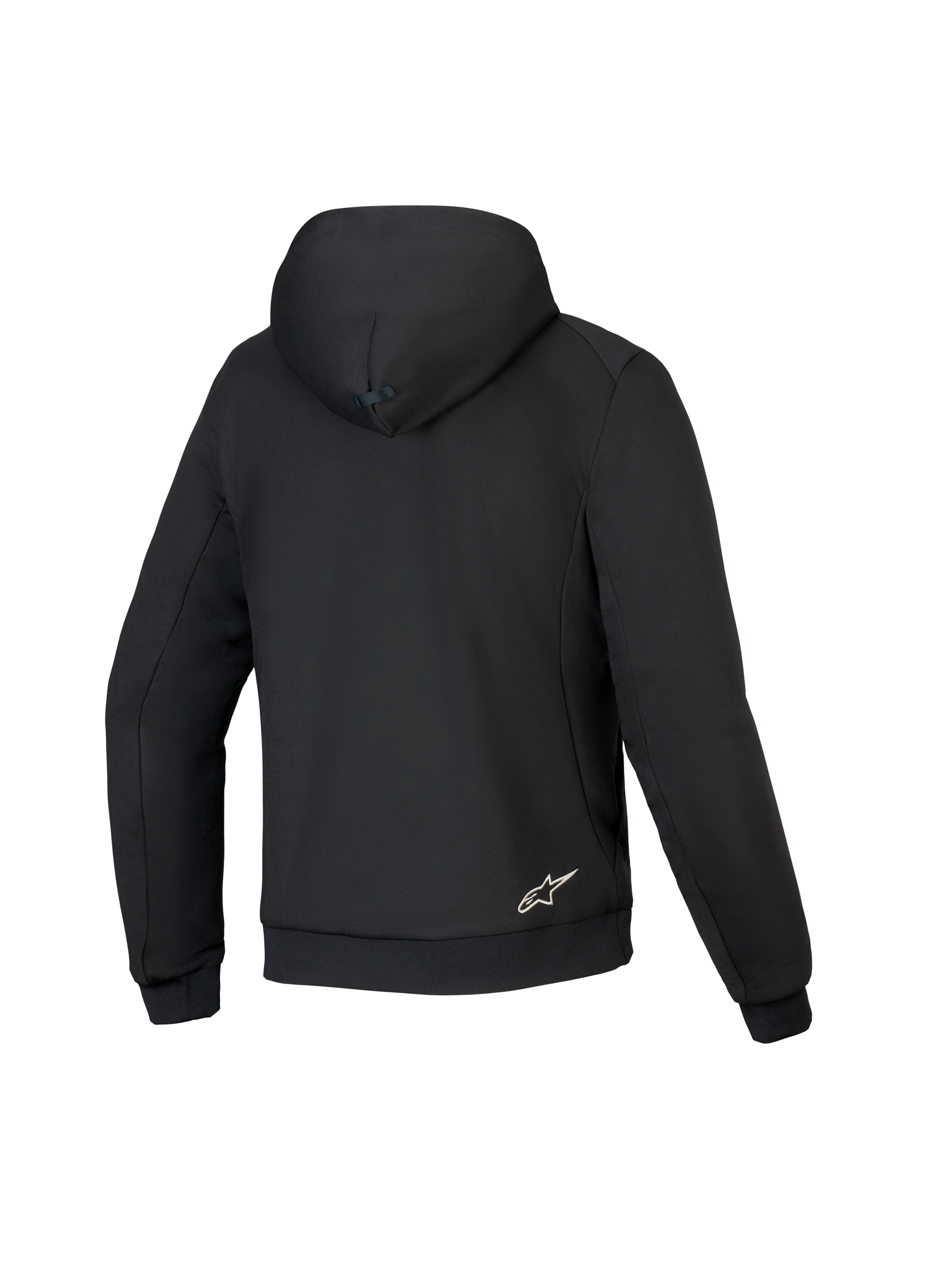 Alpinestars Honda Chrome V3 Sport Hoodie, Black, back view of motorcycle riding hoodie, tech fleece construction, featuring a hood with snap connection, ribbed cuffs and hem, and small white Alpinestars logo on the lower back