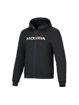 Honda Chrome V3 Sport Hoodie, Black Hooded Jacket with Front Zipper, White HONDA Logo and Red Alpinestars Star on Chest, Long Sleeves with Ribbed Cuffs, Red Hood Lining, Urban Motorcycle Riding Apparel