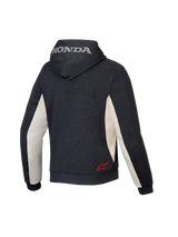 Alpinestars Honda Chrome V3 Sport Hoodie, urban motorcycle hoodie, Anthracite Melange and Off White, rear view showing silver Honda logo on the hood and red Alpinestars star logo on the lower back, tech fleece construction