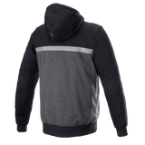 Alpinestars Chrome Street Hoodie, motorcycle riding hoodie, Black Melange and Black, back view, featuring a horizontal reflective stripe across the shoulders, dark gray textured torso, black hood and sleeves, urban protective streetwear