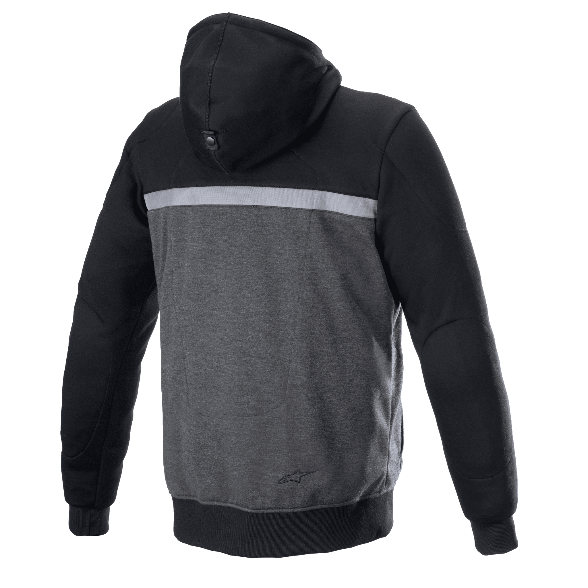 Alpinestars Chrome Street Hoodie, motorcycle riding hoodie, Black Melange and Black, back view, featuring a horizontal reflective stripe across the shoulders, dark gray textured torso, black hood and sleeves, urban protective streetwear
