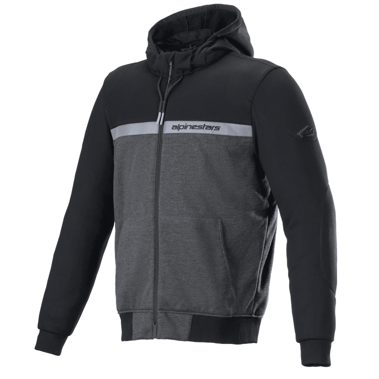 Alpinestars Chrome Street Hoodie, Motorcycle Jacket, Black and Gray Melange, full-zip hooded design with a branded chest stripe, side pockets and ribbed cuffs, casual urban riding apparel