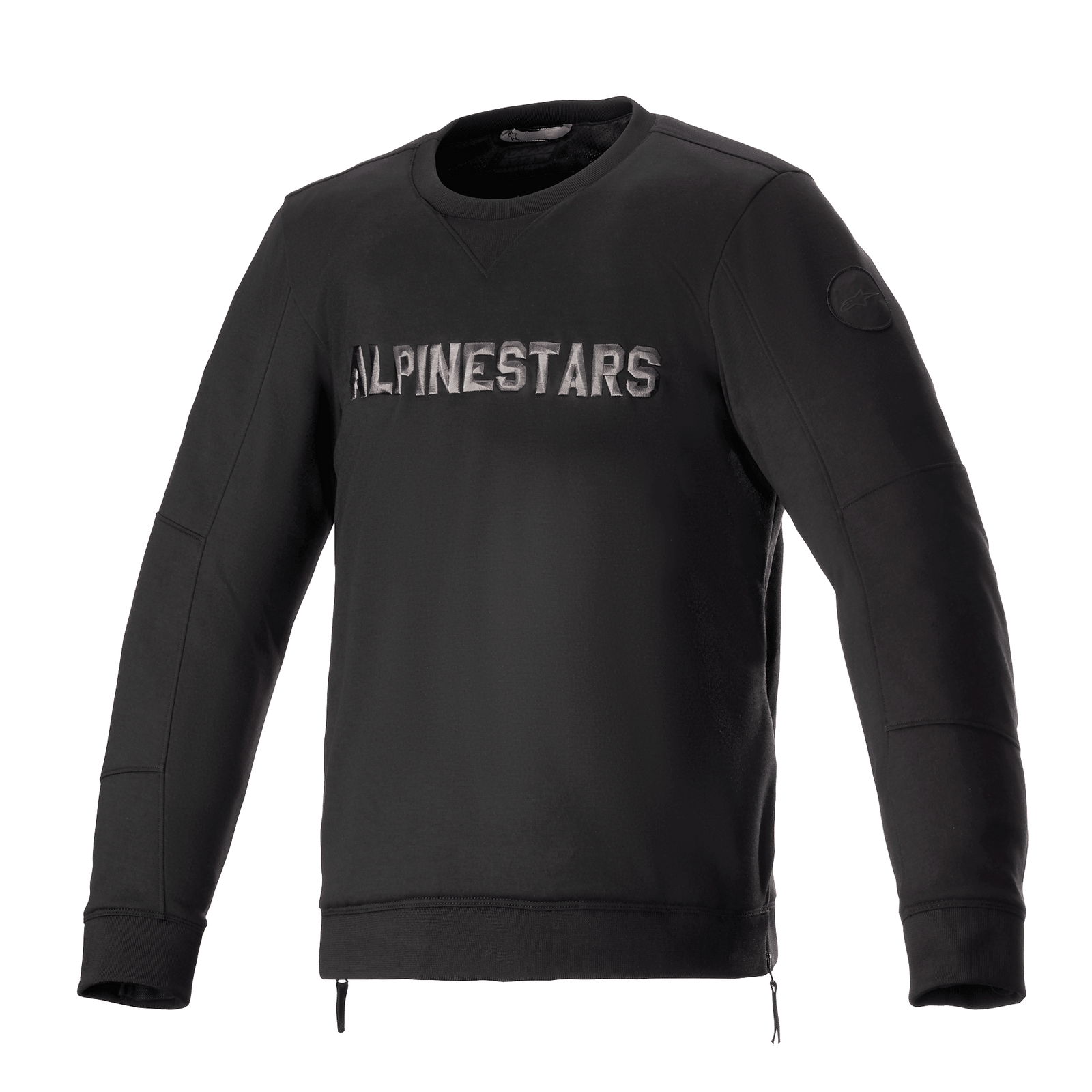 Alpinestars Legit Crew Fleece, Urban Motorcycle Jacket, Black and Cool Gray, Pullover crewneck with metallic chest logo, side zippers, ribbed cuffs and hem, casual riding gear