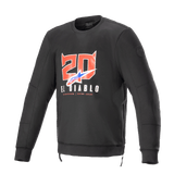 Alpinestars FQ20 Legit Crew Fleece, Black long-sleeve motorcycle sweatshirt, features red horned devil '20' and 'El Diablo' graphics on chest with blue and red fade logo, side zippers and ribbed trim, urban casual riding gear