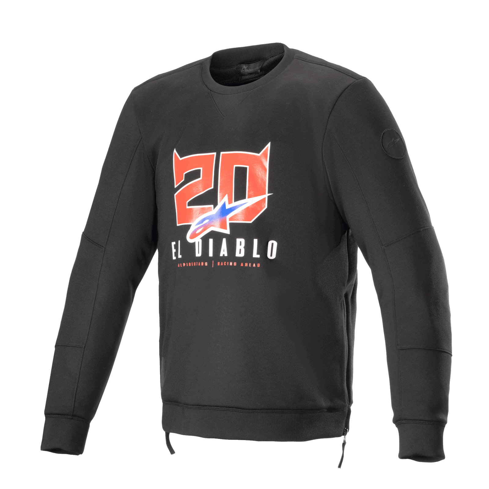 Alpinestars FQ20 Legit Crew Fleece, Black long-sleeve motorcycle sweatshirt, features red horned devil '20' and 'El Diablo' graphics on chest with blue and red fade logo, side zippers and ribbed trim, urban casual riding gear