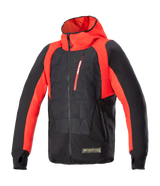 Alpinestars MO.ST.EQ Hybrid Hooded Jacket, Black and Flame Red, technical motorcycle hoodie with angled front zipper, red chest pocket, embossed pattern on torso, and thumb loops, blending urban streetwear with protective riding gear