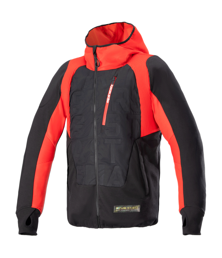Alpinestars MO.ST.EQ Hybrid Hooded Jacket, Black and Flame Red, technical motorcycle hoodie with angled front zipper, red chest pocket, embossed pattern on torso, and thumb loops, blending urban streetwear with protective riding gear