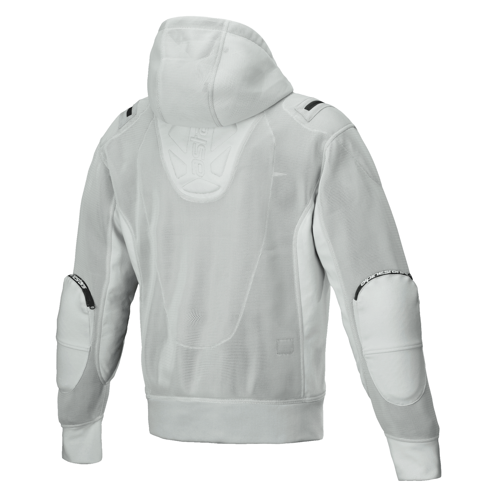 Alpinestars Moflow Air Tech Hoodie, Men's Motorcycle Jacket, Gray, Back view featuring full high-density mesh construction, mesh hood, reinforced elbow panels, and subtle Alpinestars branding, urban tech-wear design