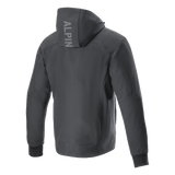 Alpinestars Radium Tech Hoodie, Motorcycle Jacket, Black, back view showing vertical ALPIN logo on the hood, windproof 3L tech shell construction, ribbed stretch cuffs, urban contemporary style
