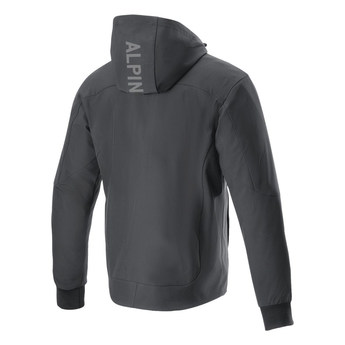 Alpinestars Radium Tech Hoodie, Motorcycle Jacket, Black, back view showing vertical ALPIN logo on the hood, windproof 3L tech shell construction, ribbed stretch cuffs, urban contemporary style