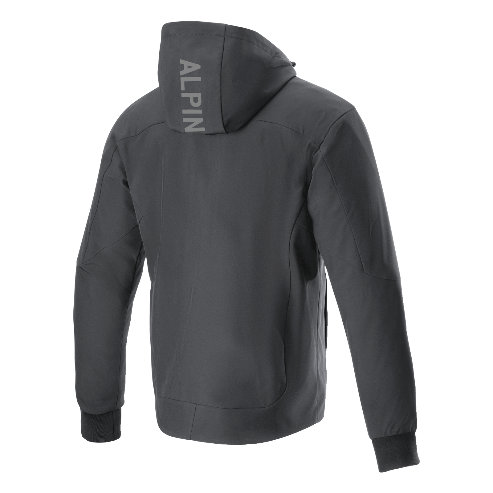 Alpinestars Radium Tech Hoodie, Motorcycle Jacket, Black, back view showing vertical ALPIN logo on the hood, windproof 3L tech shell construction, ribbed stretch cuffs, urban contemporary style