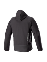 Alpinestars Neo Waterproof Hoodie, black urban motorcycle jacket for men, back view in waterproof softshell with brand logo.