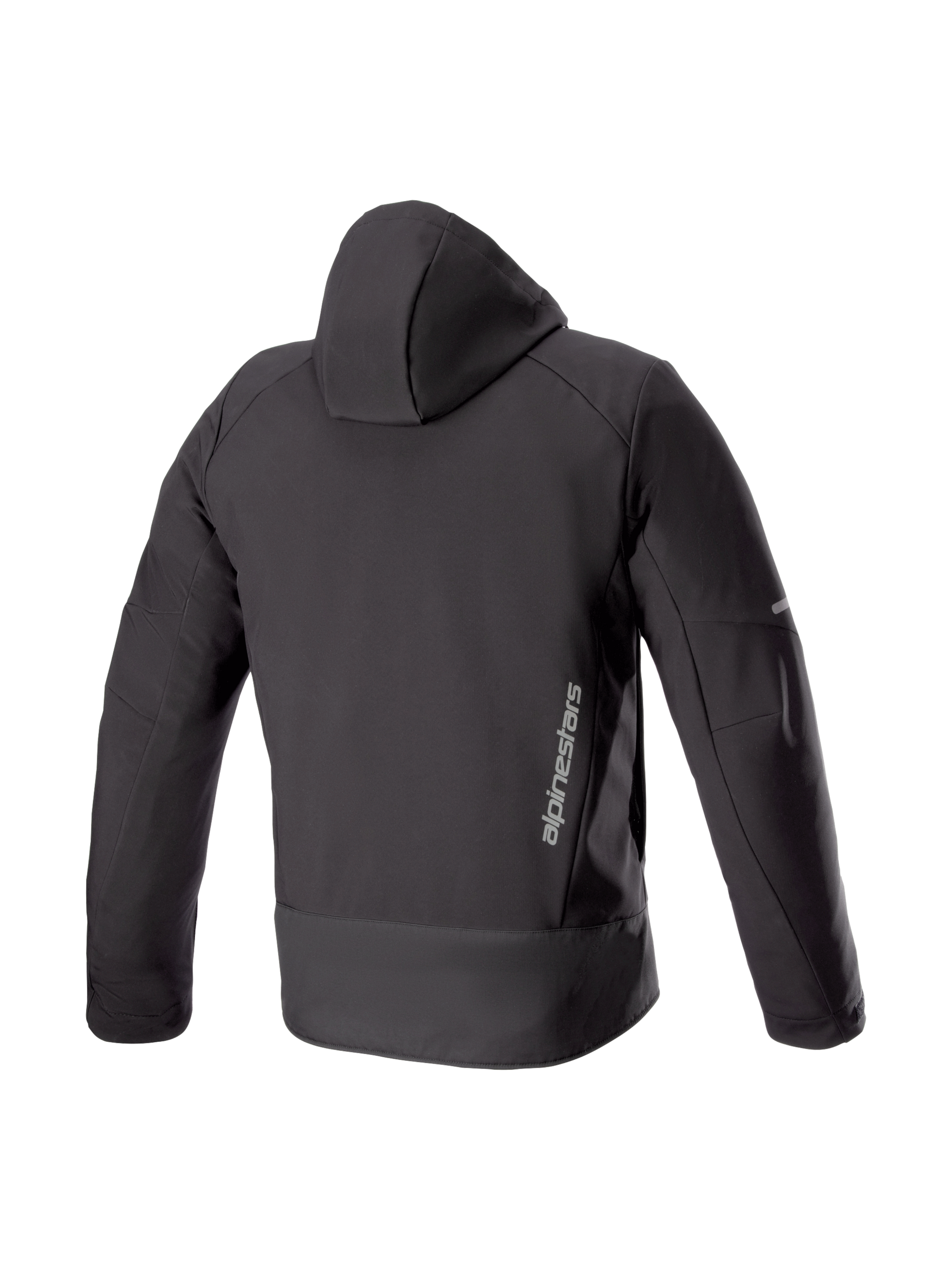 Alpinestars Neo Waterproof Hoodie, black urban motorcycle jacket for men, back view in waterproof softshell with brand logo.