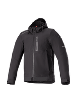 Alpinestars Neo Waterproof Hoodie, men's black urban motorcycle jacket, waterproof softshell textile, Tech-Air Ready.
