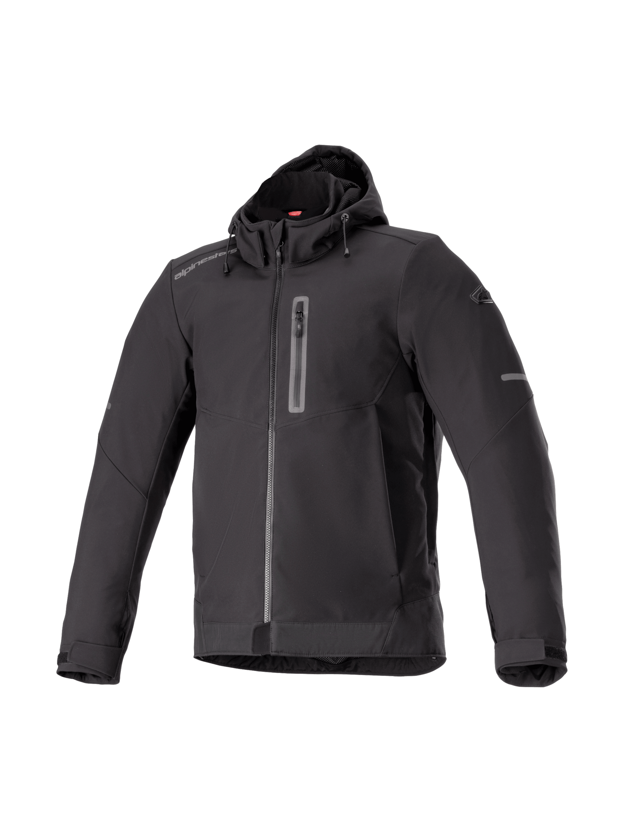 Alpinestars Neo Waterproof Hoodie, men's black urban motorcycle jacket, waterproof softshell textile, Tech-Air Ready.