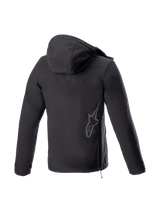 Alpinestars Sherpa Hoodie, black softshell urban motorcycle jacket, back view with reflective logo and side zip.