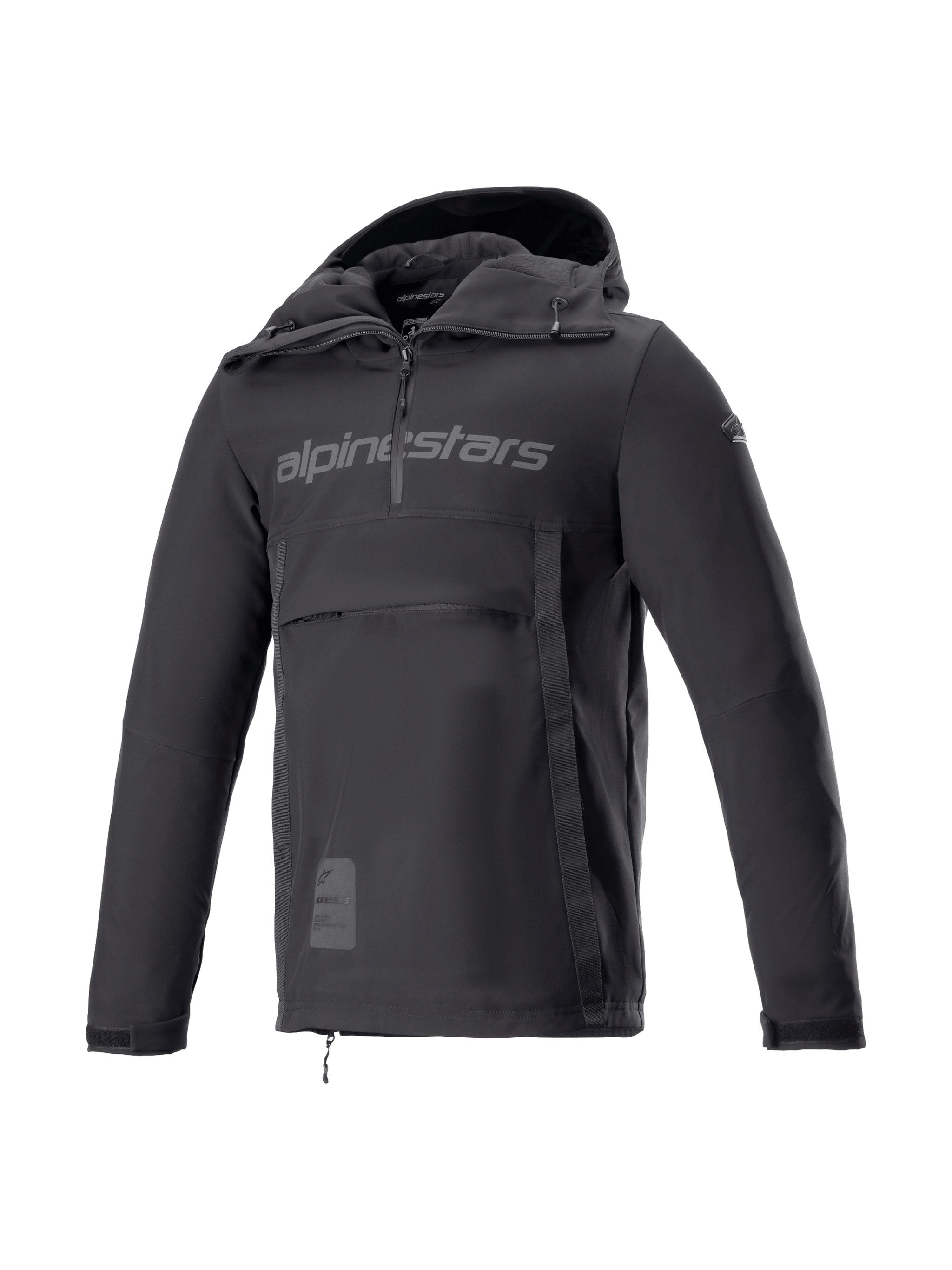 Alpinestars Sherpa Hoodie, black softshell motorcycle anorak for men, windproof urban riding jacket, Tech-Air Ready.