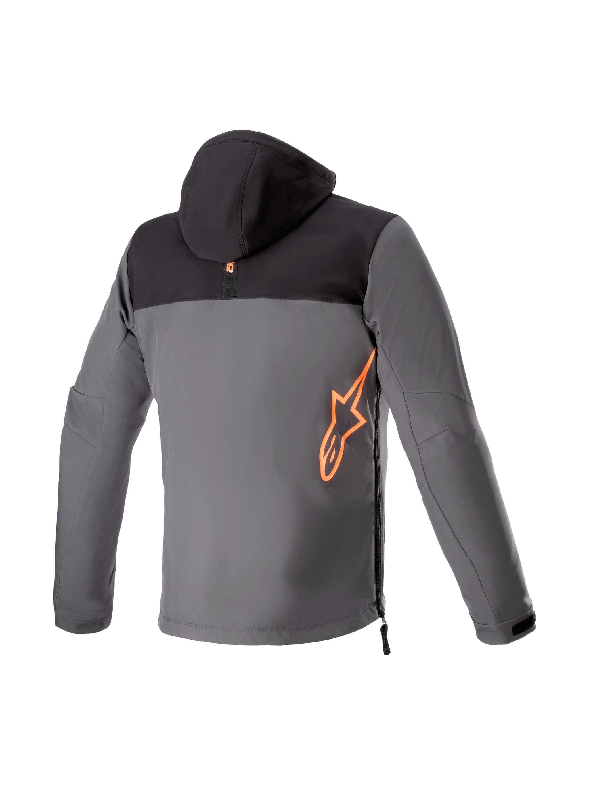 Alpinestars Sherpa Hoodie, Men's Urban Riding Jacket, Black and Tar Gray Softshell, Red Fluo logo, Rear View, Tech-Air Ready.