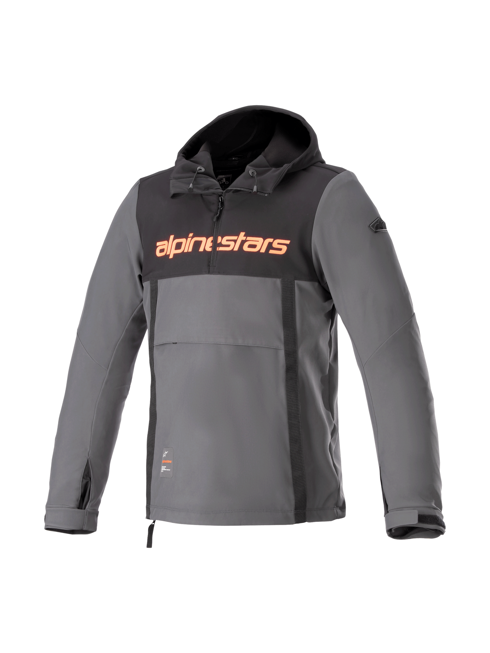 Alpinestars Sherpa Hoodie, gray and black urban motorcycle anorak, windproof softshell with red logo.