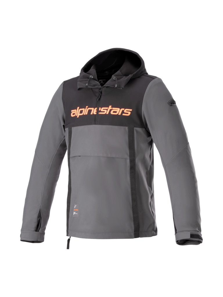 Alpinestars Sherpa Hoodie, gray and black urban motorcycle anorak, windproof softshell with red logo.