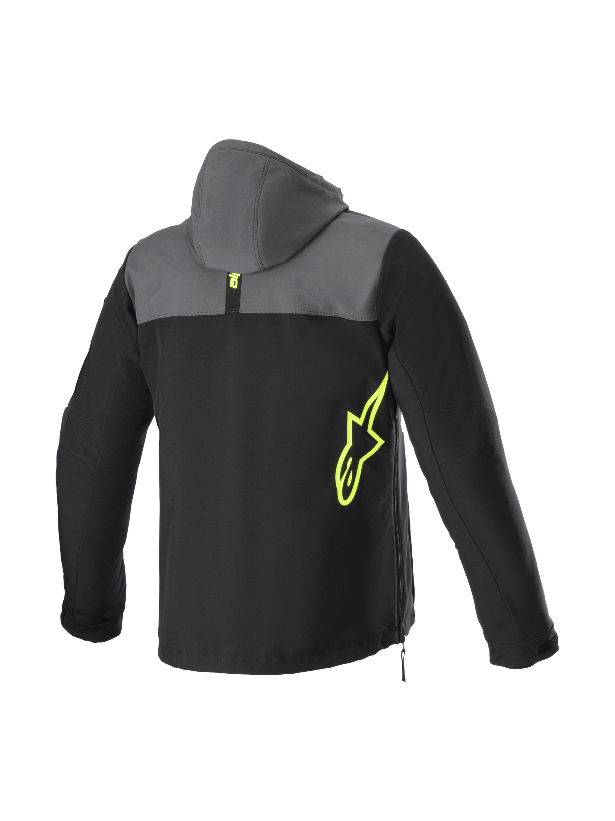 Alpinestars Sherpa Hoodie, Men's Urban Motorcycle Jacket, Black and Tar Gray softshell with Yellow Fluo logo.
