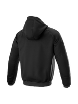 Alpinestars Ageless Hoodie, black textile urban motorcycle jacket featuring internal riding protection, back view.