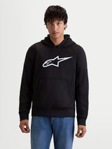 Alpinestars Ageless Hoodie, men's urban motorcycle hoodie in black with a white logo on the chest, front pouch pocket, and casual textile construction, front view on a model