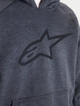 Alpinestars Ageless Hoodie, men's urban motorcycle riding hoodie, asphalt melange gray, close-up view highlighting the front chest with a large tonal Alpinestars logo and kangaroo pocket