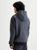 Alpinestars Ageless Hoodie, men's urban motorcycle hoodie, asphalt melange gray, back view of a model wearing the protective riding jacket with fixed hood and reinforced panels