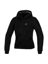 Alpinestars Stella Chrome Superairflow Hoodie, women's technical motorcycle hoodie, Black, featuring 3D mesh construction, copper logo patch on chest, full-zip front, and hood, designed for maximum ventilation and urban protection