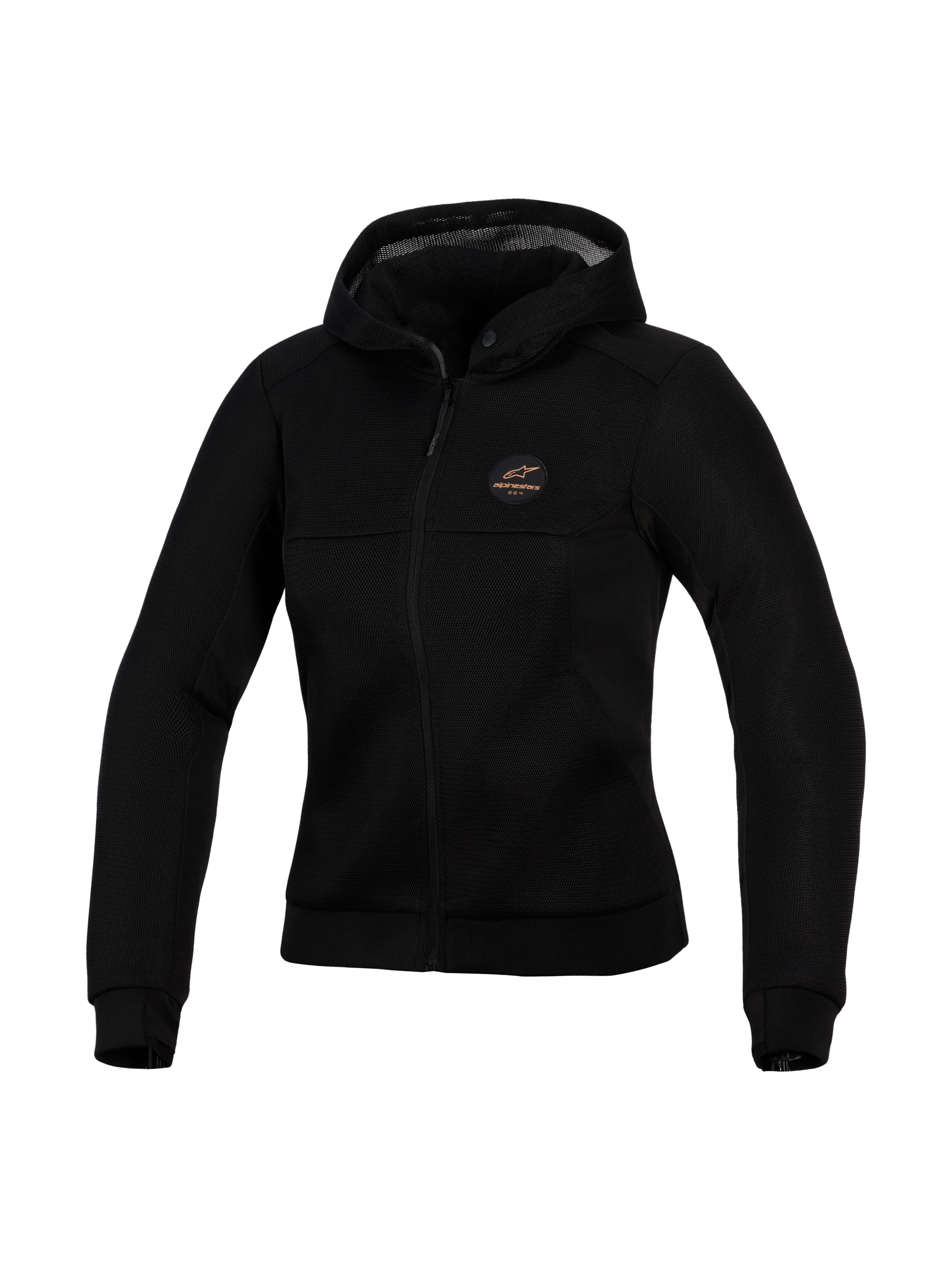 Alpinestars Stella Chrome Superairflow Hoodie, women's technical motorcycle hoodie, Black, featuring 3D mesh construction, copper logo patch on chest, full-zip front, and hood, designed for maximum ventilation and urban protection