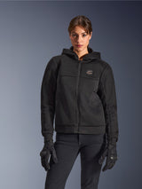 Alpinestars Stella Chrome Superairflow Hoodie, Women's Motorcycle Hoodie, Black, hooded jacket with chest logo and center zipper, worn with black gloves, sleek modern design for urban riding