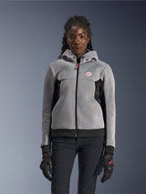 Alpinestars Women Stella Chrome Superairflow Hoodie, Mid Gray and Black with Pink, 3D mesh motorcycle hoodie worn by model.